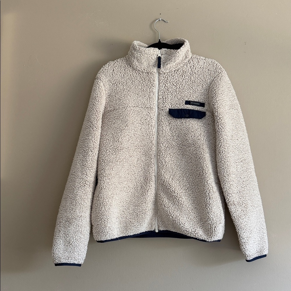 Columbia Cream Sherpa Fleece Jacket with Navy Trim